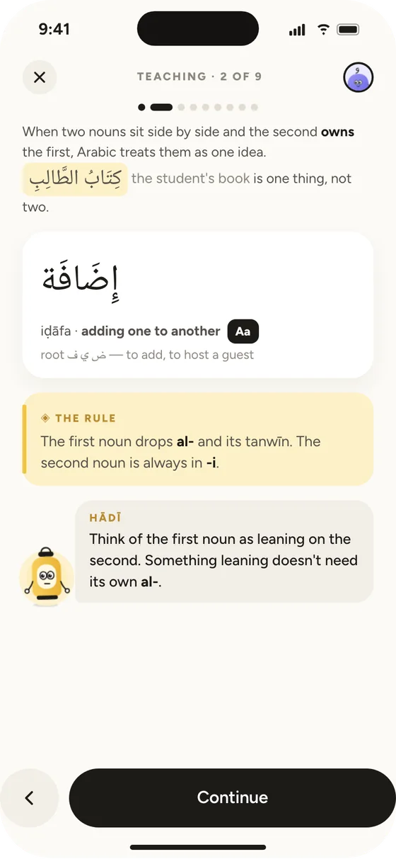 A teaching page: the rule, a word card and Hādī's aside